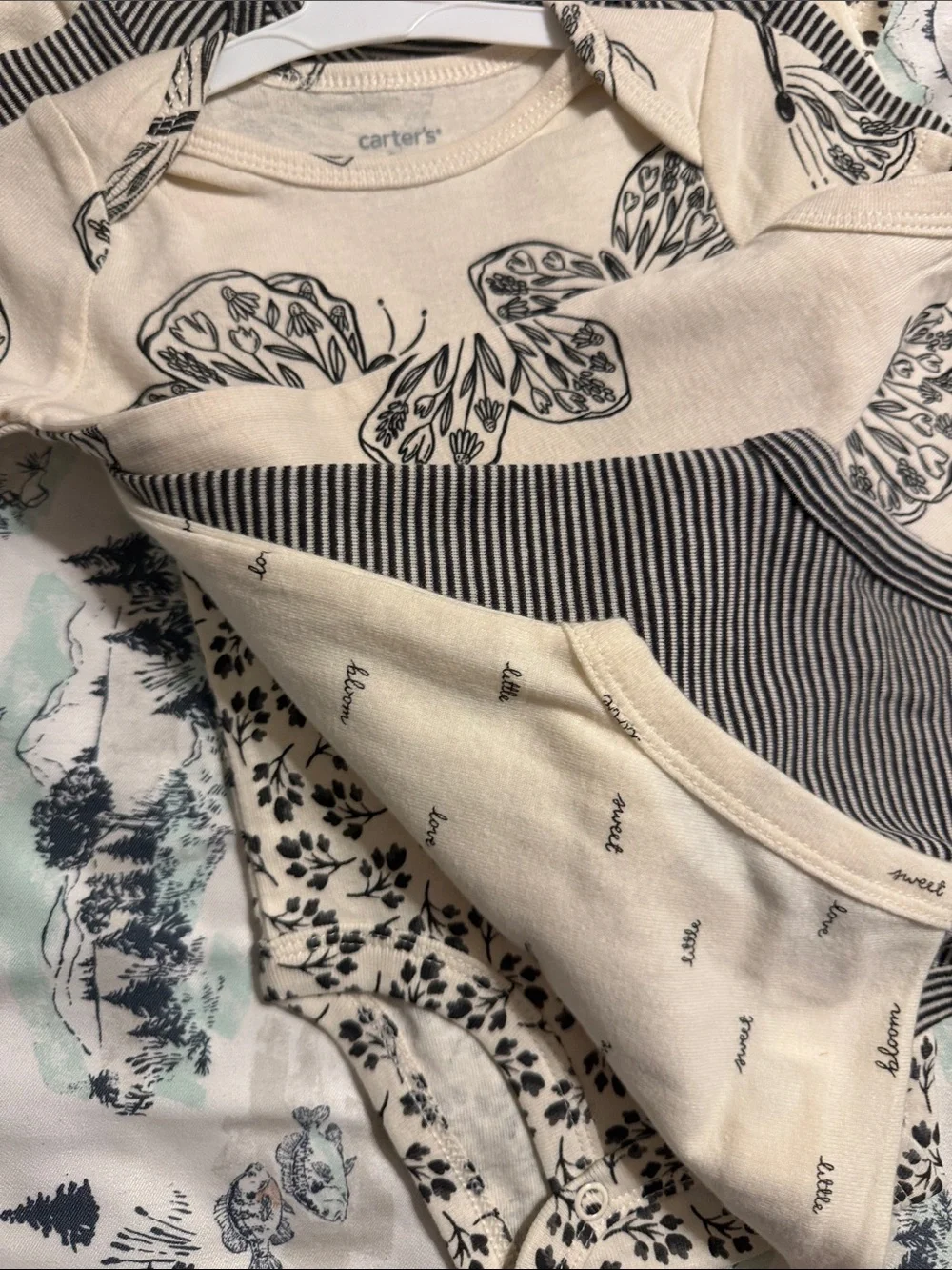 Carter's Cream & Black Butterfly Print Baby 5 One-Piece Set NEW 6M or 12M NEW